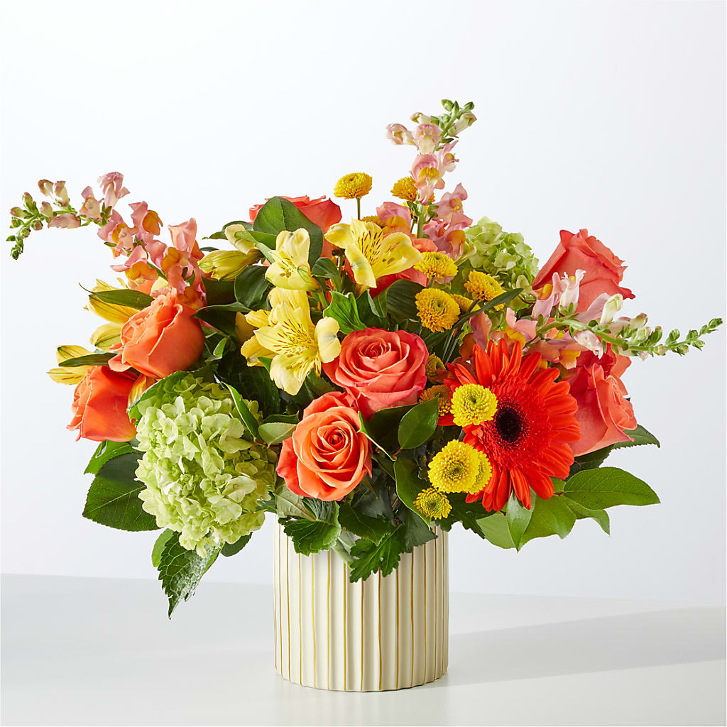 Autumn Sunshine Bouquet with Ivory Vase – CARLOS BLOOMS & EVENTS, Garnerville NY