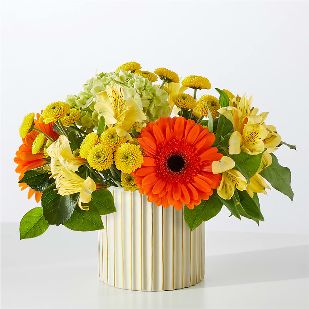 Autumn Sunshine Bouquet with Ivory Vase – CARLOS BLOOMS & EVENTS, Garnerville NY